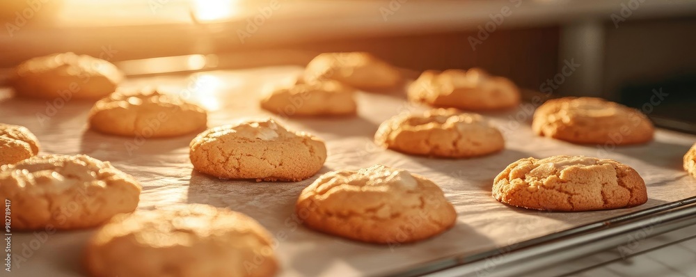 Freshly baked cookies cooling on a tray, golden brown and delicious, perfect for indulging or sharing with friends and family. Freshly baked cookies cooling on a tray, golden brown and delicious, perfect for indulging or sharing with friends and family.