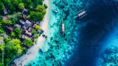 Fototapeta Naklejka Na Ścianę i Meble -  top view of beautiful tropical island with dense trees, with white sand beach and clear blue waters. concept of holiday with family. 4K Island Wallpaper