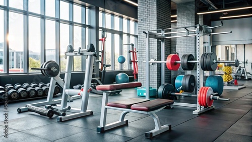 Modern gym interior with weightlifting equipment, exercise machines, and large windows.