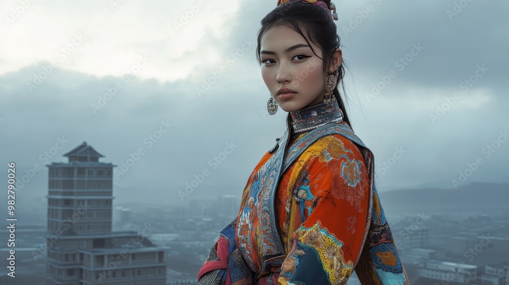 Obraz premium Modern Mongolian girl in a fusion outfit that blends contemporary fashion with traditional elements, set against an urban backdrop