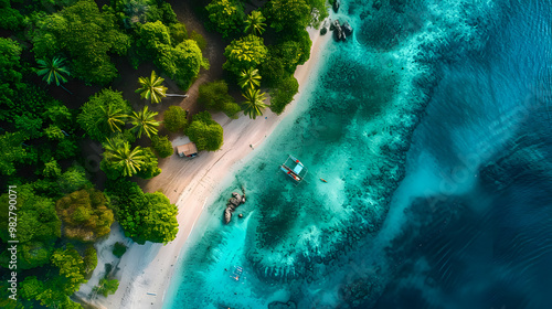 Fototapeta Naklejka Na Ścianę i Meble -  top view of beautiful tropical island with dense trees, with white sand beach and clear blue waters. concept of vacation with family. 4K Island Wallpaper