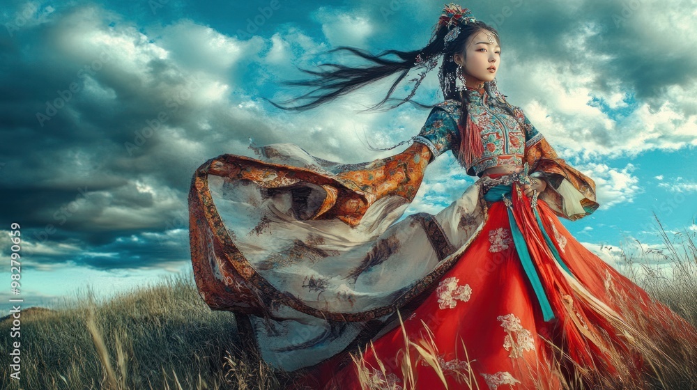 Fototapeta premium Mongolian girl cultural concept photography, blending traditional dress with elements of modern fashion, in a surreal and artistic composition