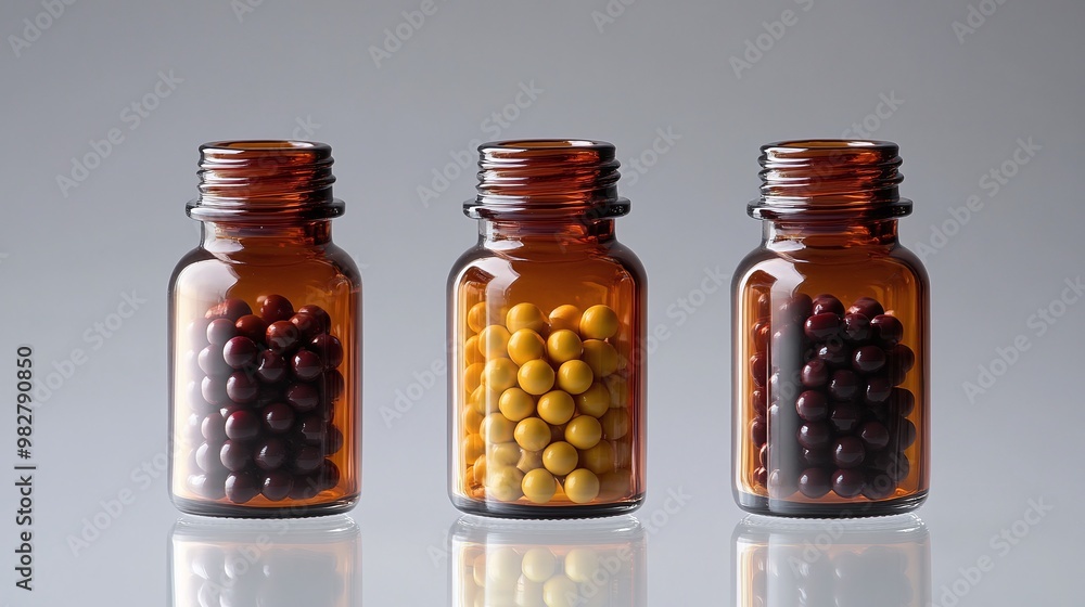 glass pill bottles with amber hue filled with various colored tablets on a clear surface ideal for showcasing healthcare packaging, medical products, and pharmaceutical displays glass pill bottles with amber hue filled with various colored tablets on a clear surface ideal for showcasing healthcare packaging, medical products, and pharmaceutical displays