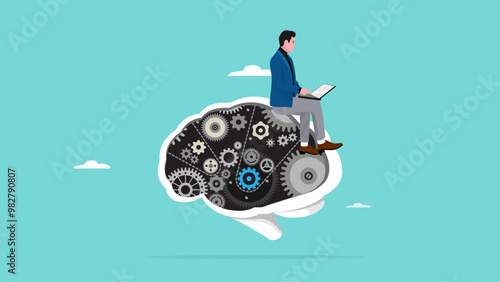working with AI, artificial intelligence with future on the work, AI prompt engineer or robot assistance, technology helping or support success work, man working with laptop sitting on AI brain chip