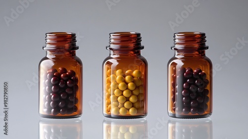 glass pill bottles with amber hue filled with various colored tablets on a clear surface ideal for showcasing healthcare packaging, medical products, and pharmaceutical displays