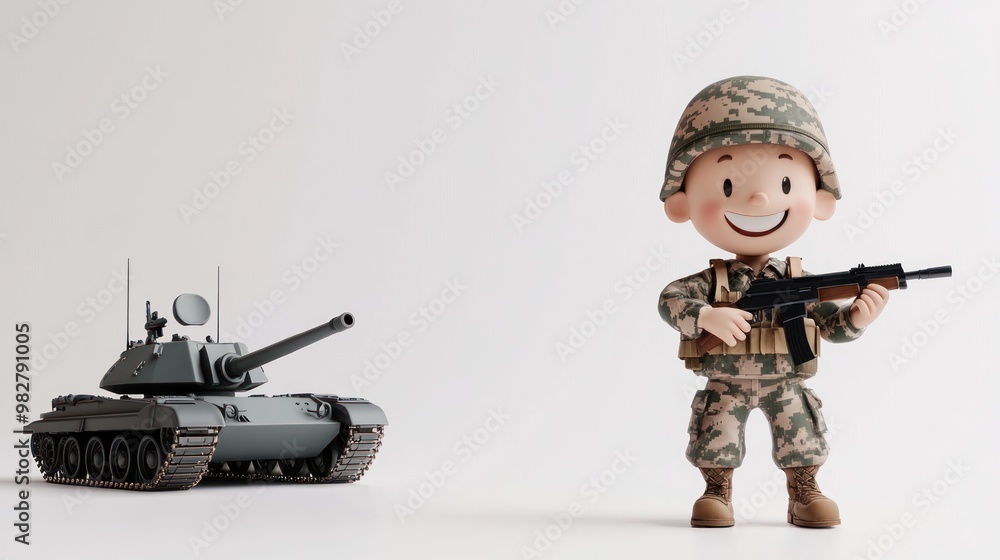 A cartoon soldier with a rifle stands beside a tank, representing military themes. A cartoon soldier with a rifle stands beside a tank, representing military themes.