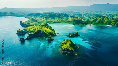 Fototapeta Naklejka Na Ścianę i Meble -  top view of beautiful tropical island with dense trees, with white sand beach and clear blue waters. concept of vacation with family. 4K Island Wallpaper