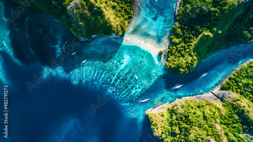 Fototapeta Naklejka Na Ścianę i Meble -  top view of beautiful tropical island with dense trees, with white sand beach and clear blue waters. concept of vacation with family. 4K Island Wallpaper