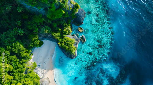 Fototapeta Naklejka Na Ścianę i Meble -  top view of beautiful tropical island with dense trees, with white sand beach and clear blue waters. concept of vacation with family. 4K Island Wallpaper