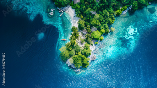 Fototapeta Naklejka Na Ścianę i Meble -  top view of beautiful tropical island with dense trees, with white sand beach and clear blue waters. concept of vacation with family. 4K Island Wallpaper