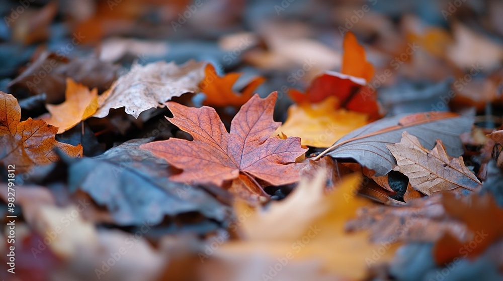 Nature in autumn, capturing a close-up of fallen leaves in various colors on a woodland floor, with a soft focus background Nature in autumn, capturing a close-up of fallen leaves in various colors on a woodland floor, with a soft focus background