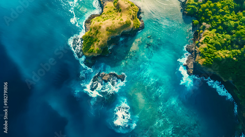 Fototapeta Naklejka Na Ścianę i Meble -  top view of beautiful tropical island with dense trees, with white sand beach and clear blue waters. concept of vacation with family. 4K Island Wallpaper