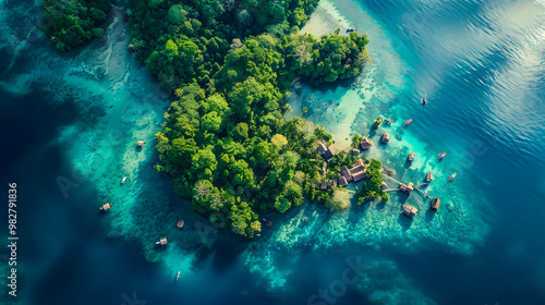 Fototapeta Naklejka Na Ścianę i Meble -  top view of beautiful tropical island with dense trees, with white sand beach and clear blue waters. concept of vacation with family. 4K Island Wallpaper