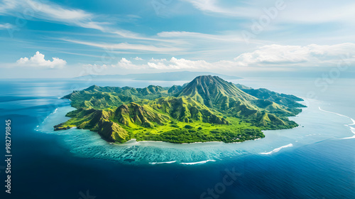 Fototapeta Naklejka Na Ścianę i Meble -  top view of beautiful tropical island with dense trees, with white sand beach and clear blue waters. concept of vacation with family. 4K Island Wallpaper