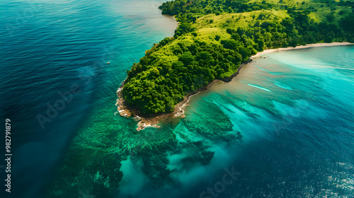Fototapeta Naklejka Na Ścianę i Meble -  top view of beautiful tropical island with dense trees, with white sand beach and clear blue waters. concept of vacation with family. 4K Island Wallpaper