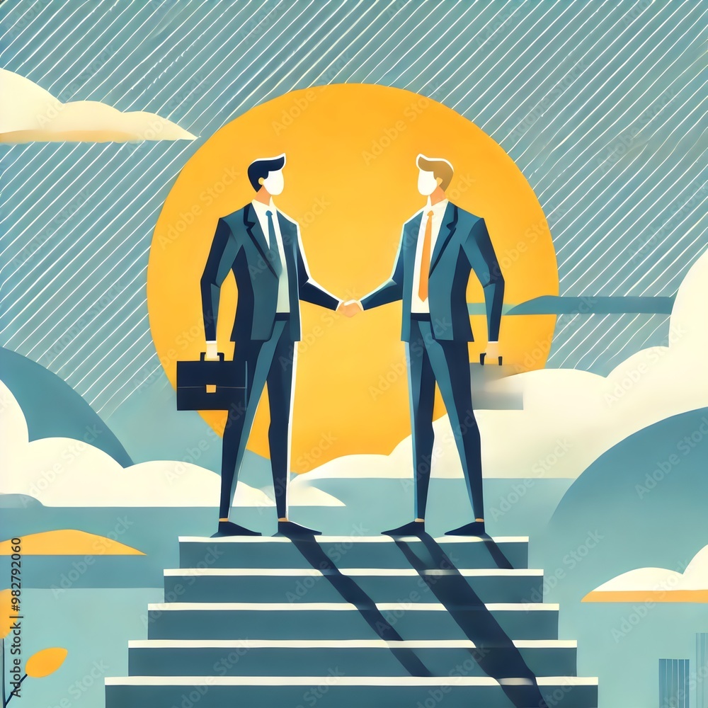 Fototapeta premium A vibrant illustration of two businessmen shaking hands at the top of a staircase, symbolizing partnership, agreement, and success in business