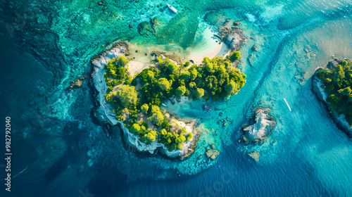Fototapeta Naklejka Na Ścianę i Meble -  top view of beautiful tropical island with dense trees, with white sand beach and clear blue waters. concept of vacation with family. 4K Island Wallpaper