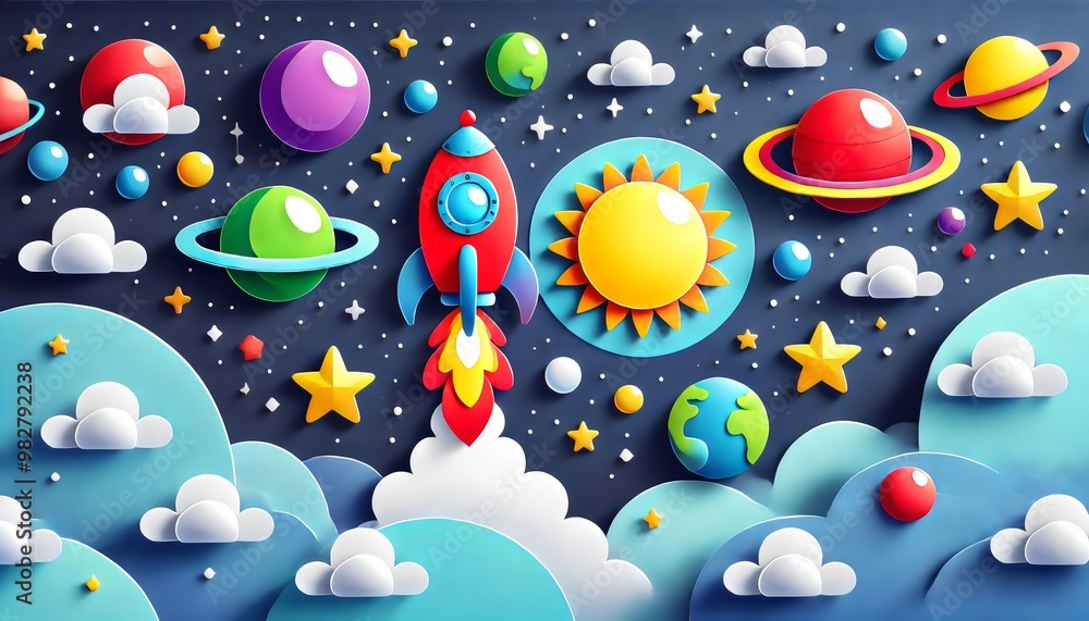 A vibrant and playful illustration of a rocket soaring through a colorful universe filled with planets, stars, clouds, and the sun A vibrant and playful illustration of a rocket soaring through a colorful universe filled with planets, stars, clouds, and the sun
