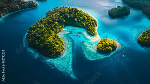 Fototapeta Naklejka Na Ścianę i Meble -  top view of beautiful tropical island with dense trees, with white sand beach and clear blue waters. concept of vacation with family. 4K Island Wallpaper