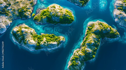 Fototapeta Naklejka Na Ścianę i Meble -  top view of beautiful tropical island with dense trees, with white sand beach and clear blue waters. concept of vacation with family. 4K Island Wallpaper