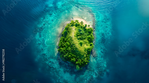 Fototapeta Naklejka Na Ścianę i Meble -  top view of beautiful tropical island with dense trees, with white sand beach and clear blue waters. concept of vacation with family. 4K Island Wallpaper
