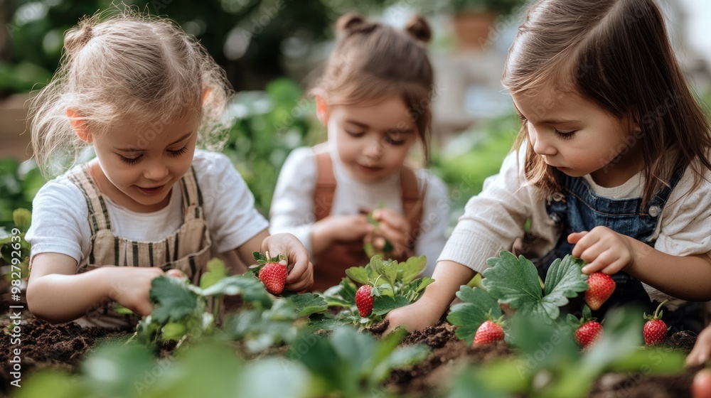 Outdoor gardening activity with children, showing a group of kids planting strawberries and learning about different farming techniques Outdoor gardening activity with children, showing a group of kids planting strawberries and learning about different farming techniques