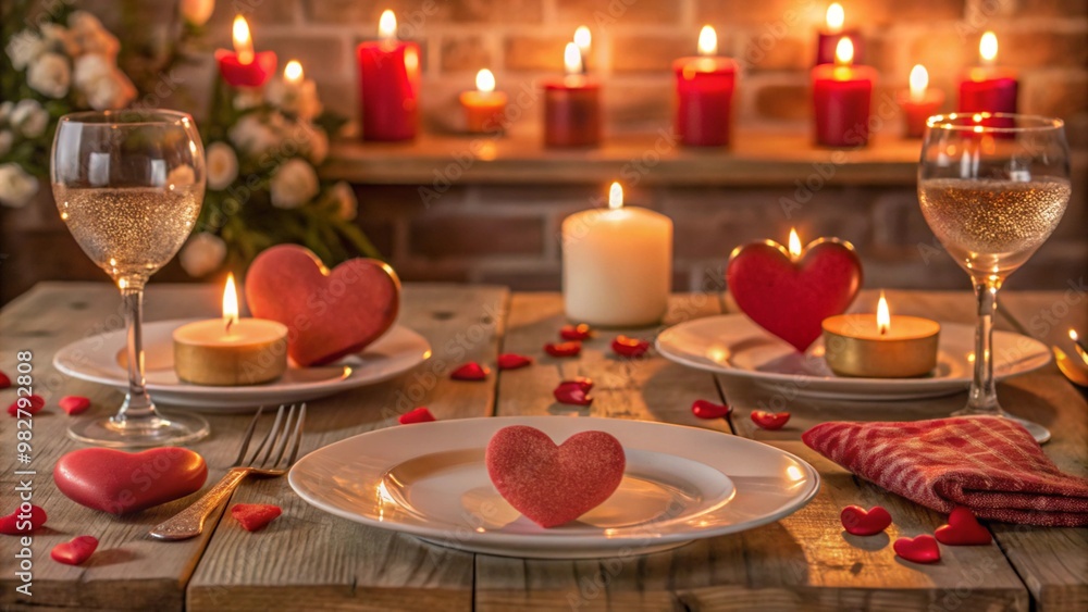 Romantic dinner setting with candles, wine glasses, and heart-shaped decorations. Romantic dinner setting with candles, wine glasses, and heart-shaped decorations.