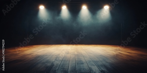 Dramatic Stage Lighting with Empty Wooden Floor