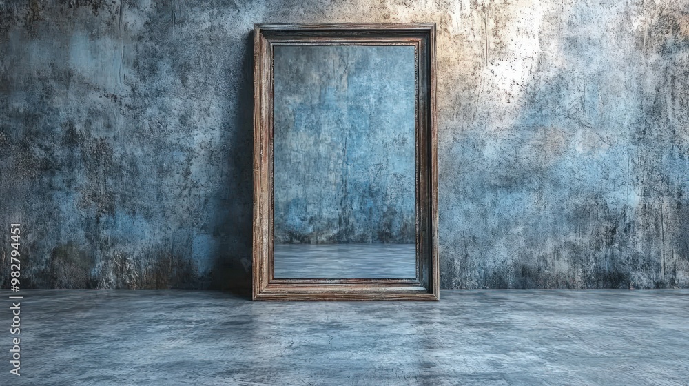 A full-length wooden framed mirror stands against a weathered concrete wall in a room with concrete flooring. A full-length wooden framed mirror stands against a weathered concrete wall in a room with concrete flooring.