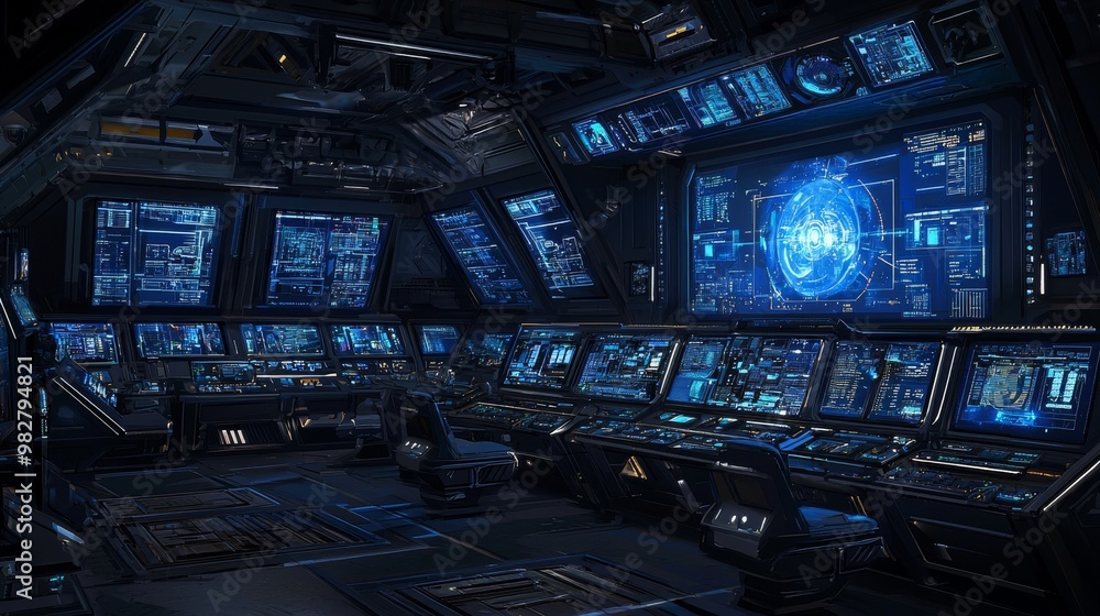 With large screens for operators and a holographic map, this command center is sleek and modern with blue hues, holographic elements, and detailed interfaces. With large screens for operators and a holographic map, this command center is sleek and modern with blue hues, holographic elements, and detailed interfaces.