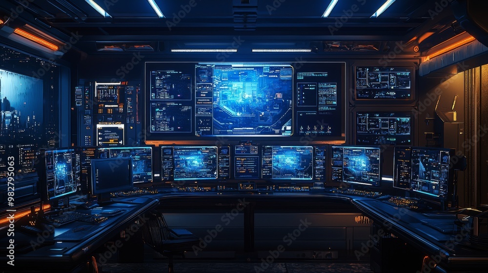 Command center with 3D interfaces, large screens, and a holographic map Sleek and modern with cool blue tones, holographic elements, and detailed 3D displays Command center with 3D interfaces, large screens, and a holographic map Sleek and modern with cool blue tones, holographic elements, and detailed 3D displays