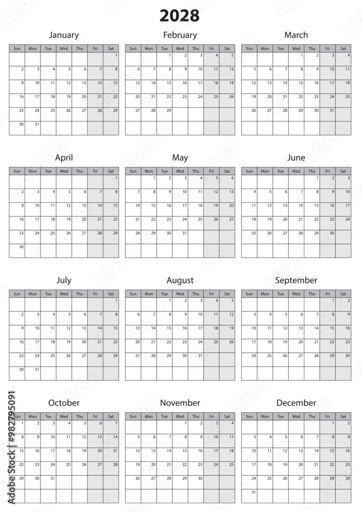 2028 Calendar Template. Vector calendar. Week starts sunday. Calendar template in minimal design 2028 Calendar Template. Vector calendar. Week starts sunday. Calendar template in minimal design