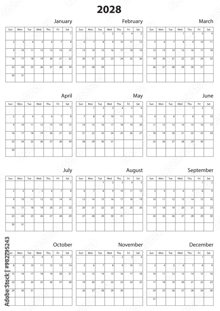 2028 Calendar Template. Vector calendar. Week starts sunday. Calendar template in minimal design 2028 Calendar Template. Vector calendar. Week starts sunday. Calendar template in minimal design