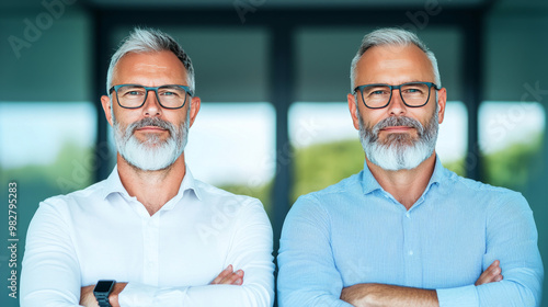 Twin brothers stand side by side, both wearing glasses and with their arms crossed, looking directly at the camera.