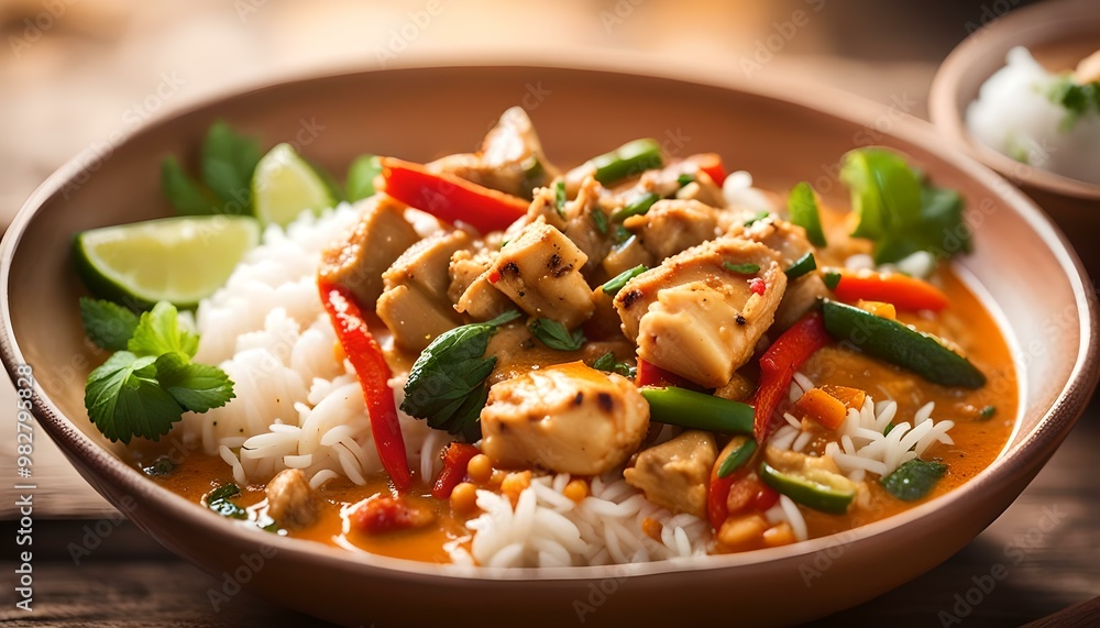 Thai red curry with chicken, vegetables and rice Thai red curry with chicken, vegetables and rice