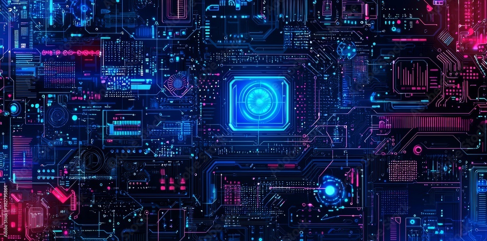 The modern computer interface features glowing blue circuits, intricate coding lines, and futuristic dashboard components The modern computer interface features glowing blue circuits, intricate coding lines, and futuristic dashboard components