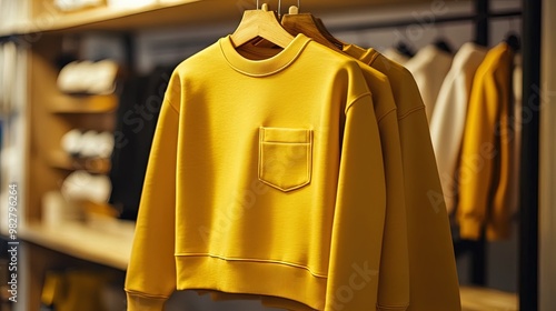 Stylish Yellow Sweatshirt on Wooden Shelf: Perfect Poster for Sports Interior, Showcasing Relaxed Fit, Large Pocket, Lightweight Fabric & Trendy Rounded Neckline! photo