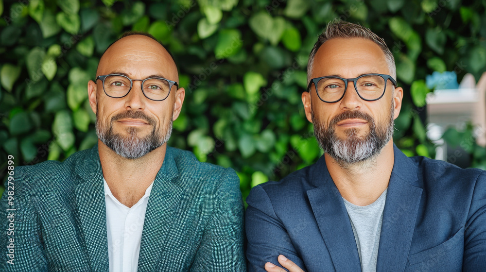 Two men in suits and glasses look directly at the camera. Two men in suits and glasses look directly at the camera.