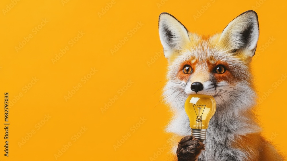 Obraz premium Fox Holding Light Bulb on Yellow Background