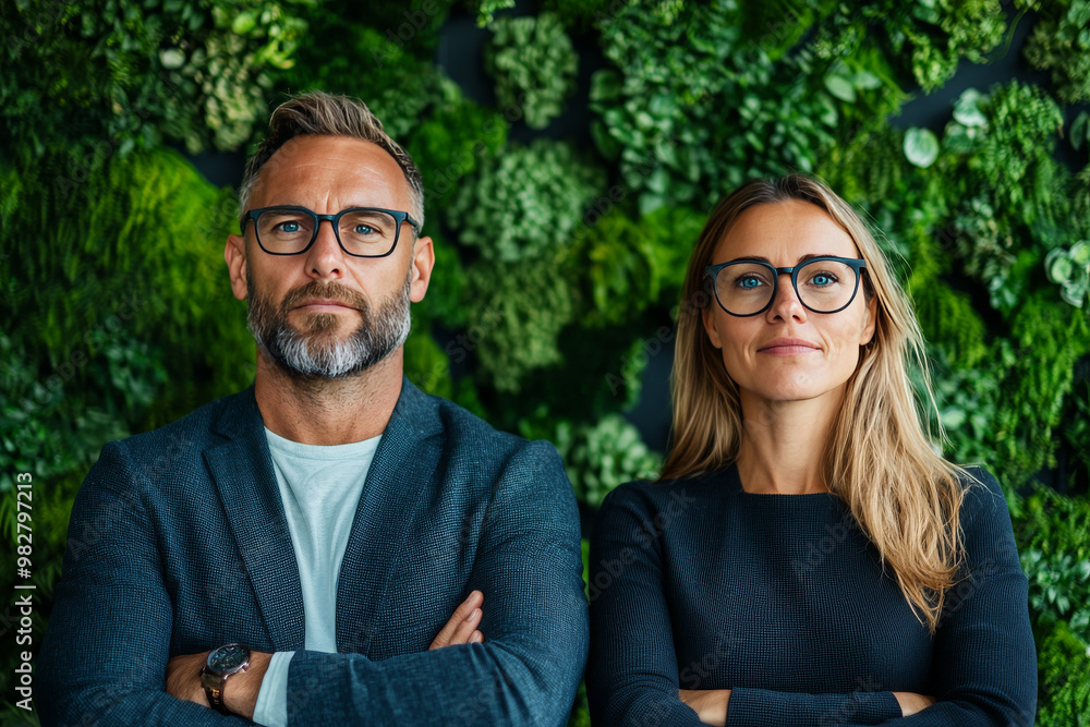 Fototapeta premium A confident couple stand in front of a green wall.
