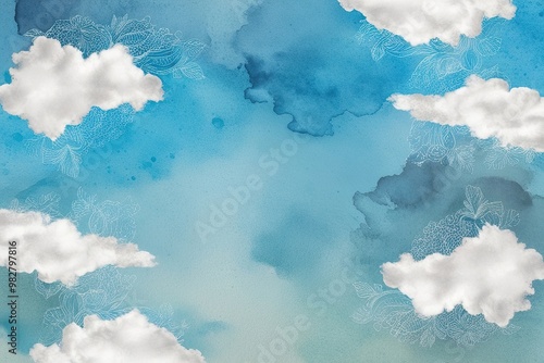 Tranquil Sky Blue Watercolor Background with Soft Clouds and Textured Design