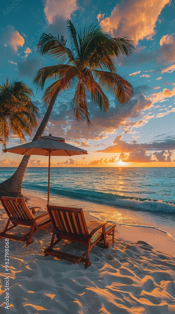Obraz premium Beach chairs and umbrellas on the white sand beach with palm trees at sunset, a summer vacation concept banner for travel advertising background or poster design. 