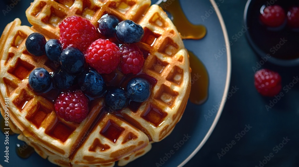 A delicious stack of waffles topped with fresh berries and syrup. A delicious stack of waffles topped with fresh berries and syrup.