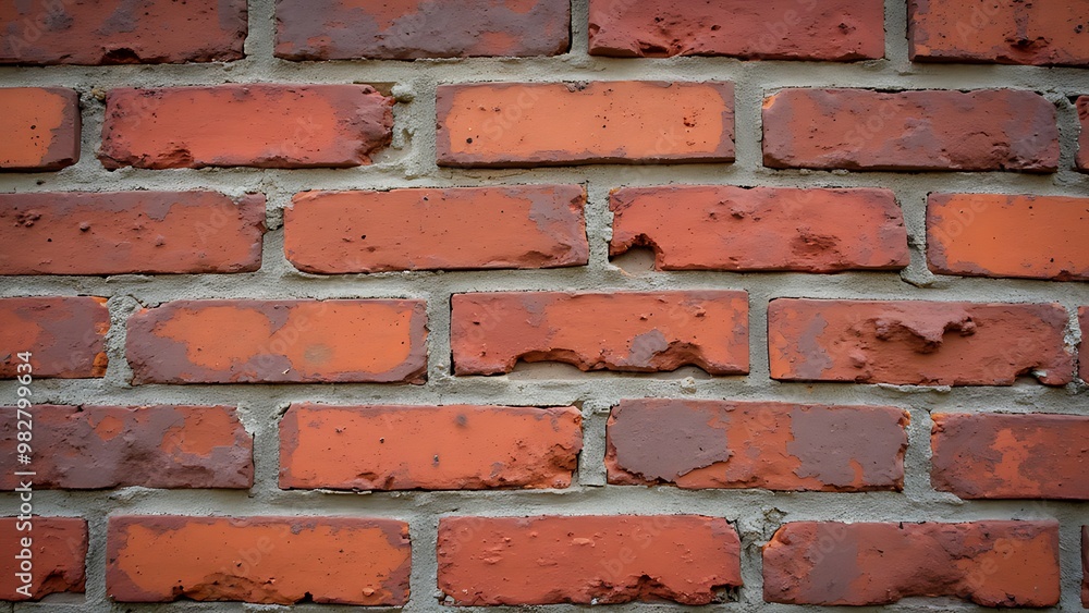 Obraz premium A weathered red brick wall with visible mortar lines, showcasing an aged and rustic appearance. Perfect for industrial, urban, or vintage-themed designs with a raw, textured aesthetic.