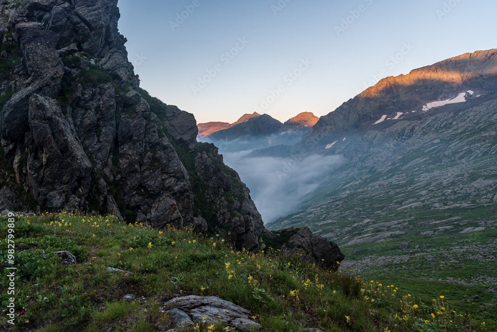 Obraz premium View from Colle del Colletto mountain pass in Alpi Graie mountains in Italy