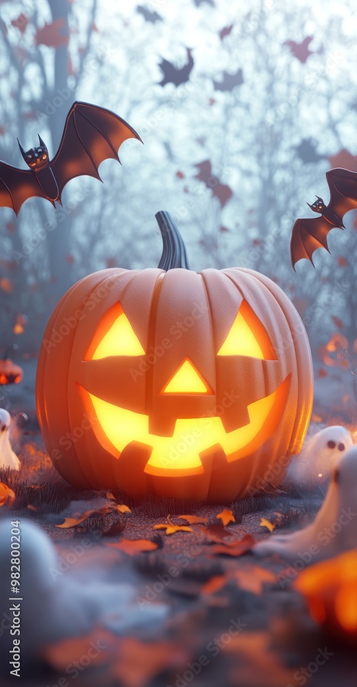 Naklejka premium A glowing jack-o'-lantern surrounded by bats and ghostly figures in a misty forest.