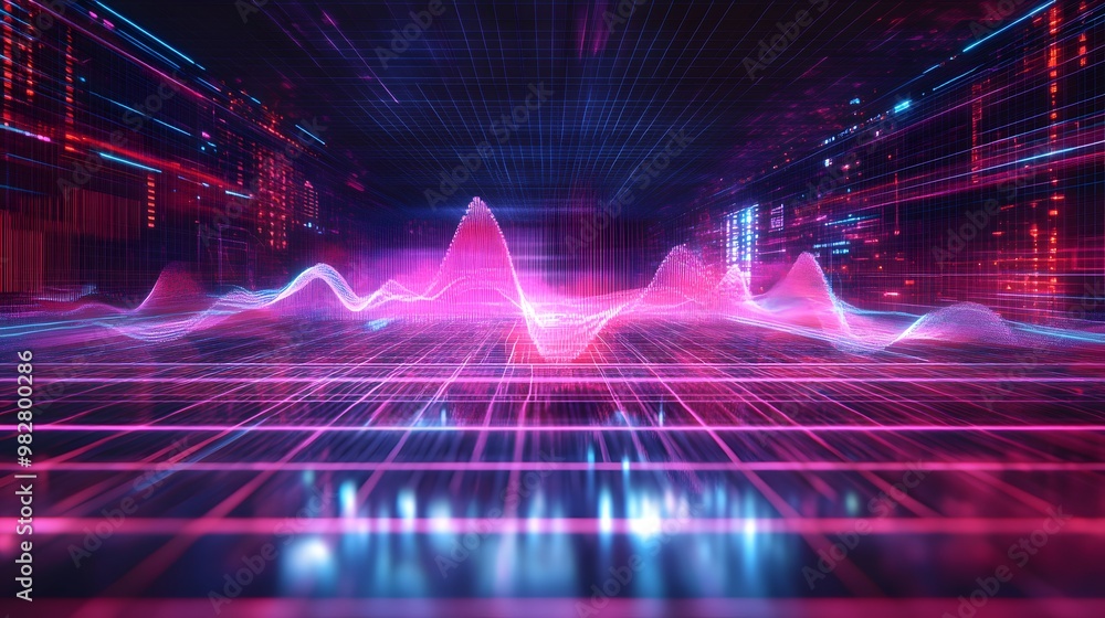 A vibrant 3D soundwave traveling across a digital grid in a futuristic setting A vibrant 3D soundwave traveling across a digital grid in a futuristic setting