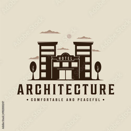 hotel architecture logo vintage vector illustration template icon graphic design. resort building sign or symbol for business travel with retro style concept