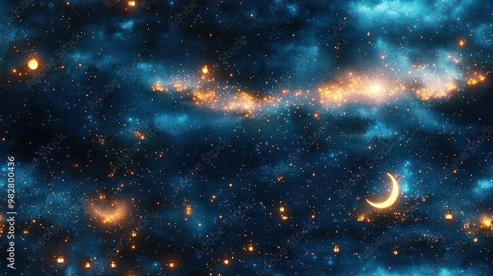 Obraz premium Tiny enchanted broomsticks flying under a starry sky