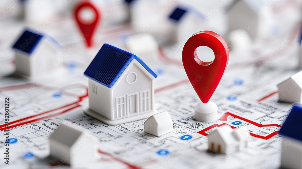 Fototapeta premium Red Location Pin on Map with House Models